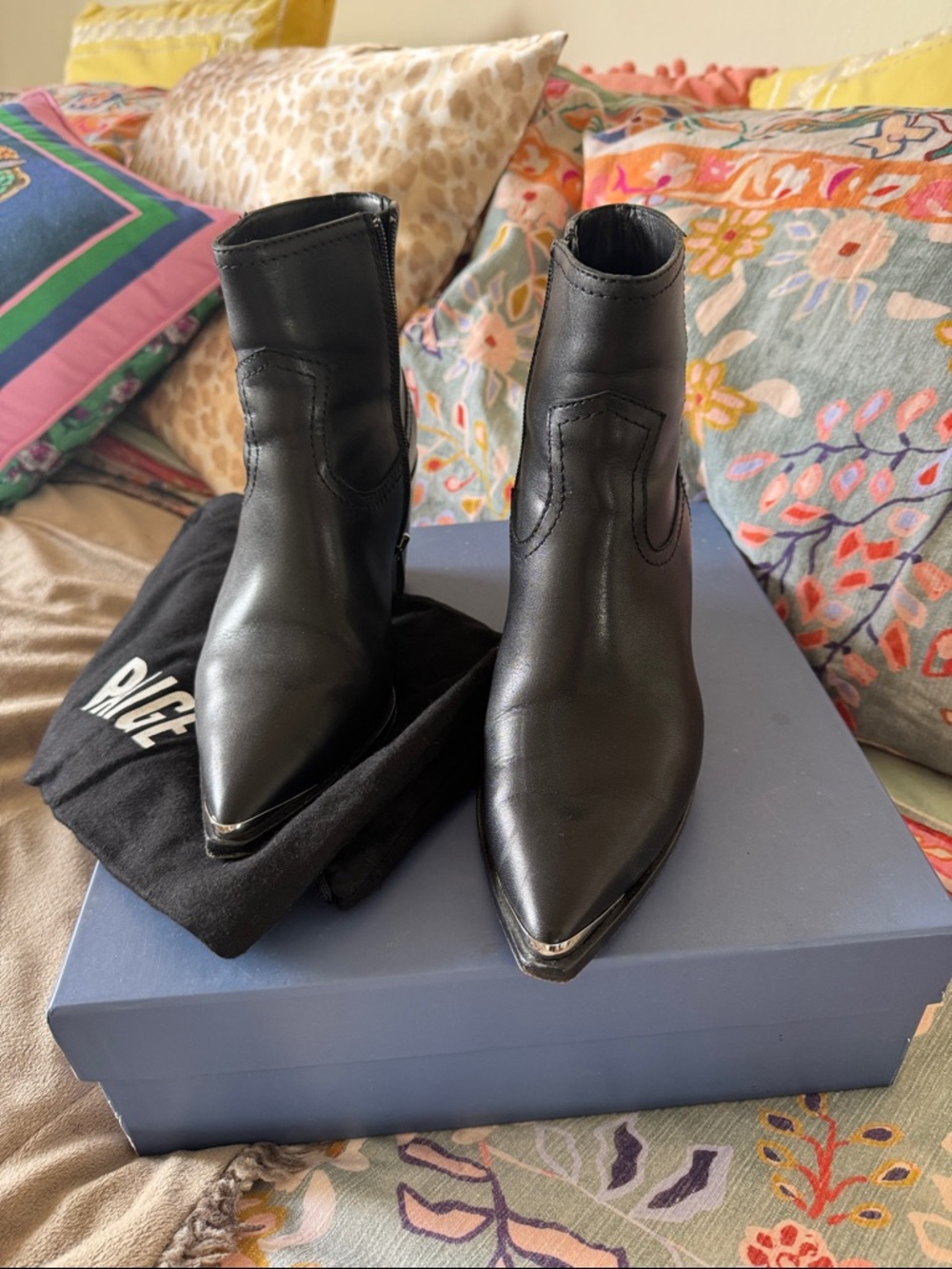 PAIGE Black Pointed Toe Leather Ankle Booties with Metal Toe Accent